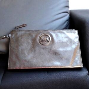 Michael Kors Silver Metallic Large Logo Leather Wristlet Wallet
